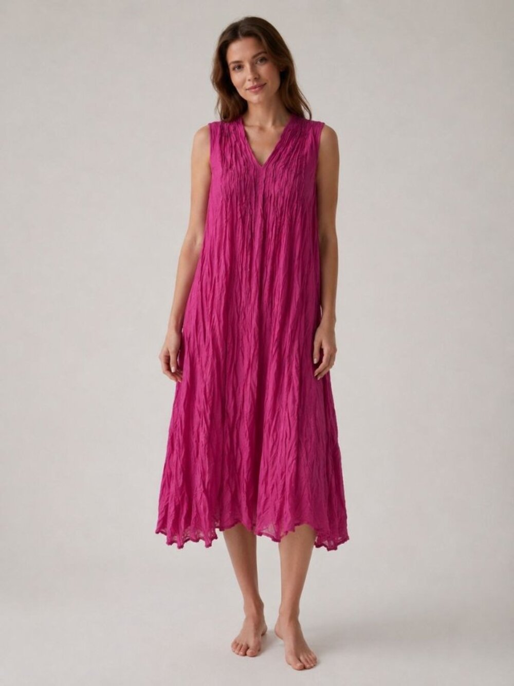 NEW Boho Crinkle Cotton Maxi Dress Pink Sleeveless V-Neck Lightweight Thailand